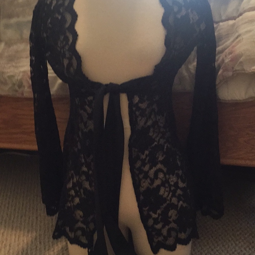 CAbi #488 Black Lace bell sleeve cardigan blouse